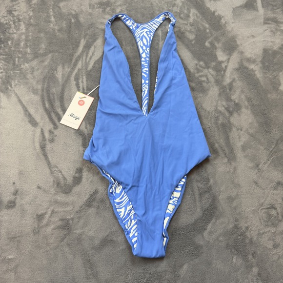 Maaji Other - Maaji‎ Swimsuit Womens Large Blue Reversible One Piece Plunge Ribbed Tropical